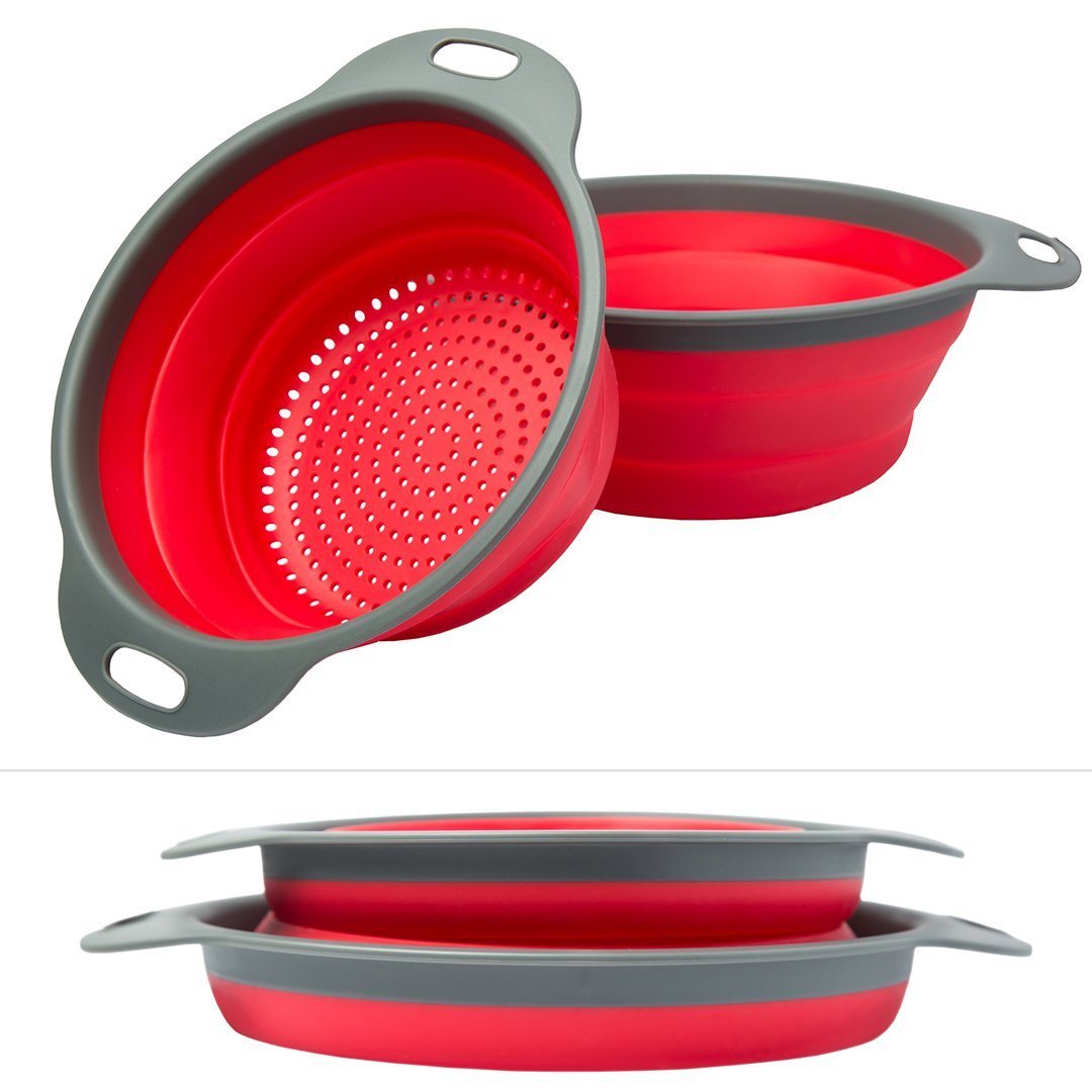 Collapsible silicone colander set of 2: red bowls with gray rims and perforated filter