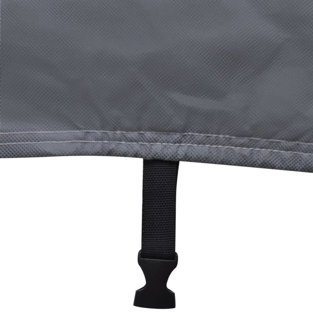Gray caravan cover securing strap with buckle at the bottom hem