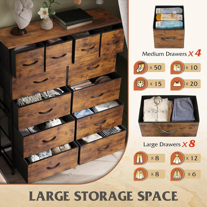 Tall Dresser for Bedroom with 12 Drawers, Dressers & Chests of Drawers, Fabric Dresser for Closet, Living Room, Storage Dressers with Storage Drawers, Steel Frame, Wood Top