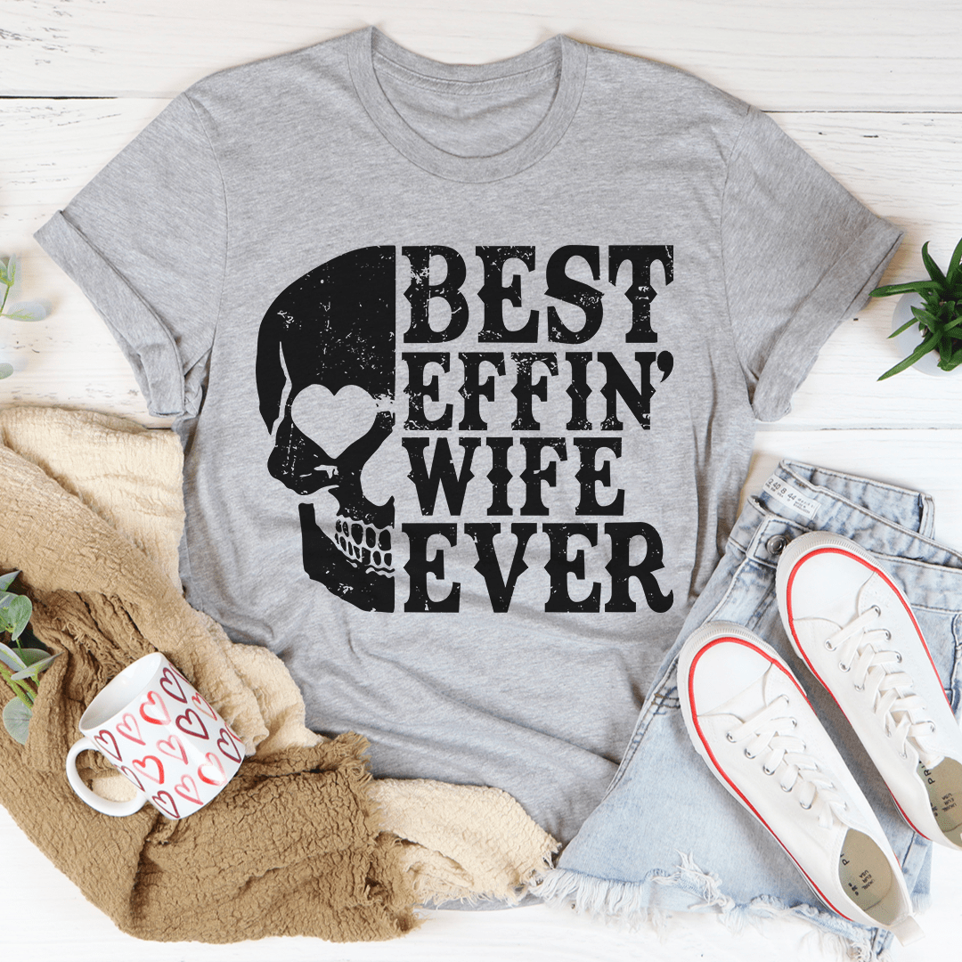 Women’s gray skull graphic t-shirt with bold typography on front