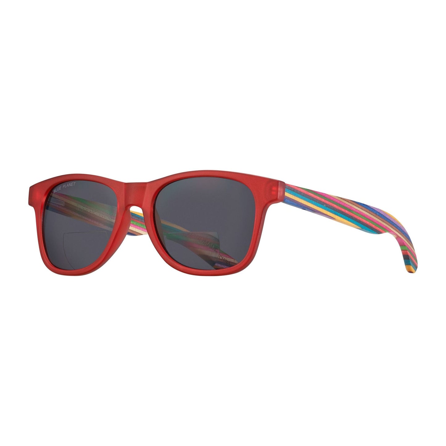 Red bifocal sunglasses with dark lenses and patterned temples
