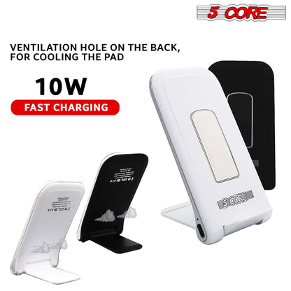 White and black wireless charger stands showing vented back design