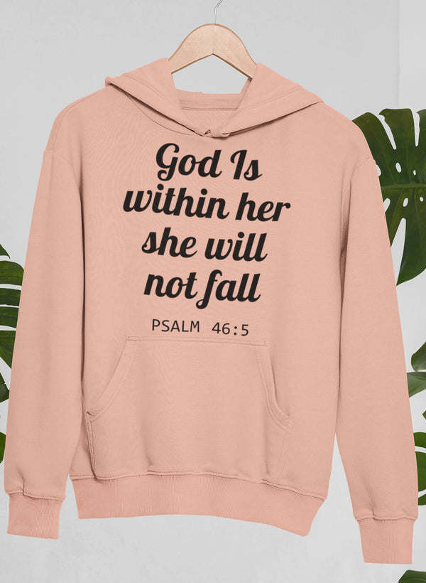 Light peach pullover hoodie with front pocket and white scripture design, Psalm 46:5