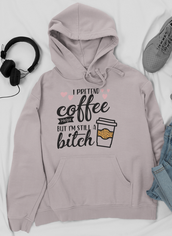 Light pink hoodie with front pouch pocket and coffee graphic on the chest