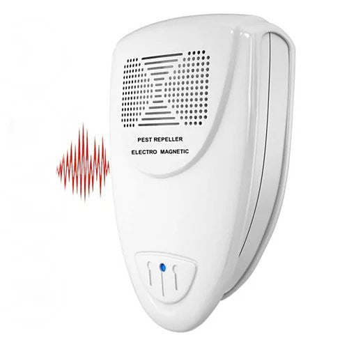White pest repeller device with vented speaker grille and blue power indicator