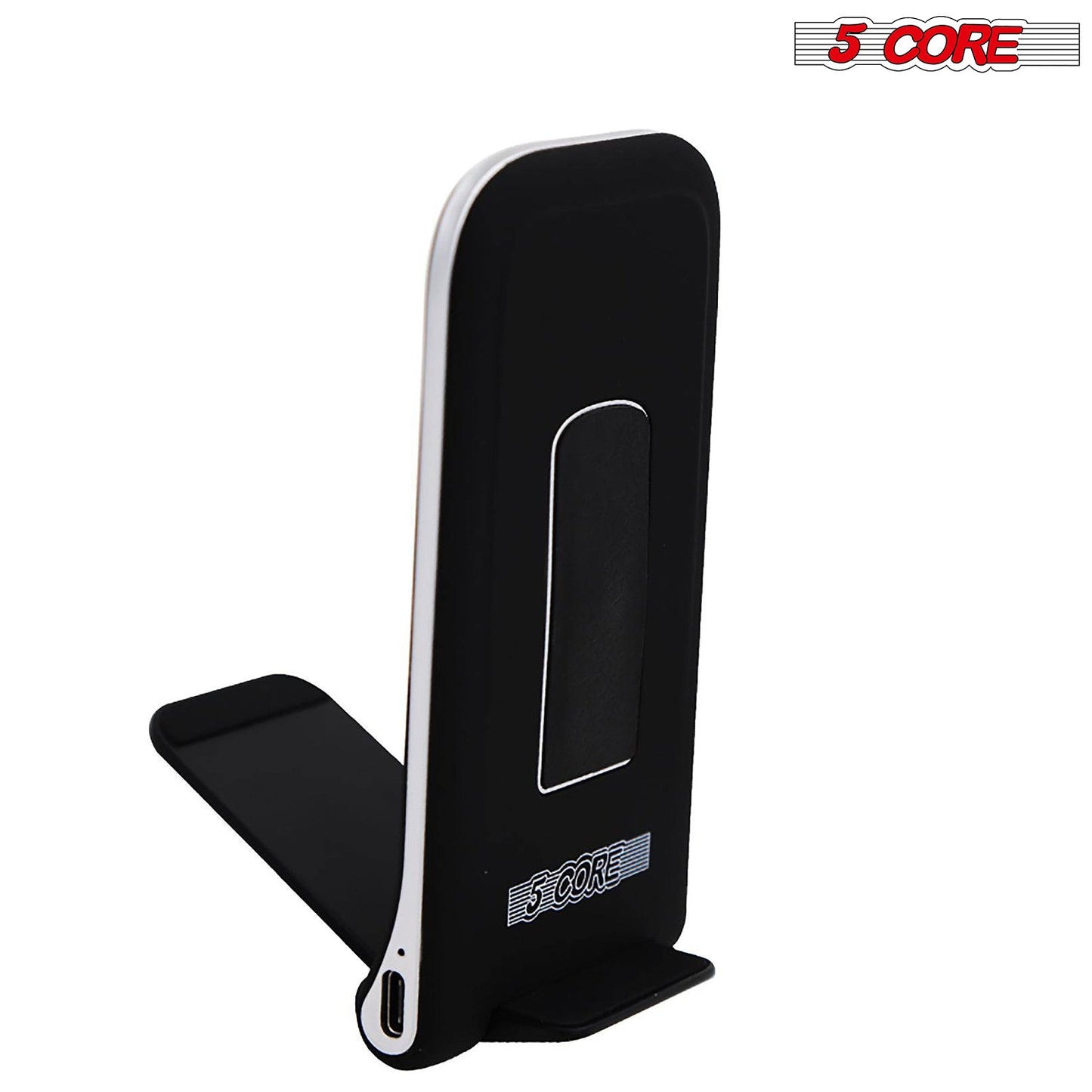 Black wireless charger stand with rectangular charging pad on a slim base