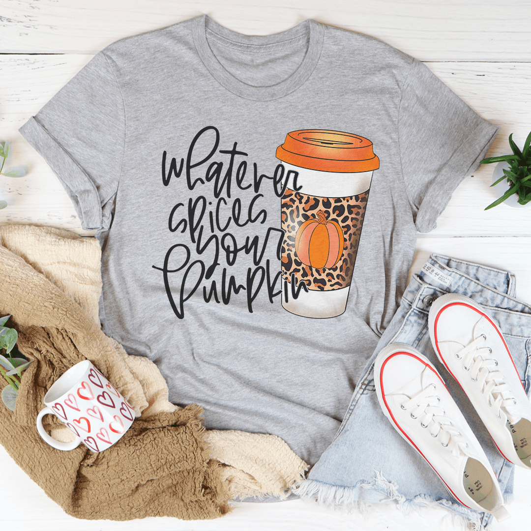 Graphic pumpkin coffee T-shirt in heather gray with coffee-cup pumpkin spice graphic