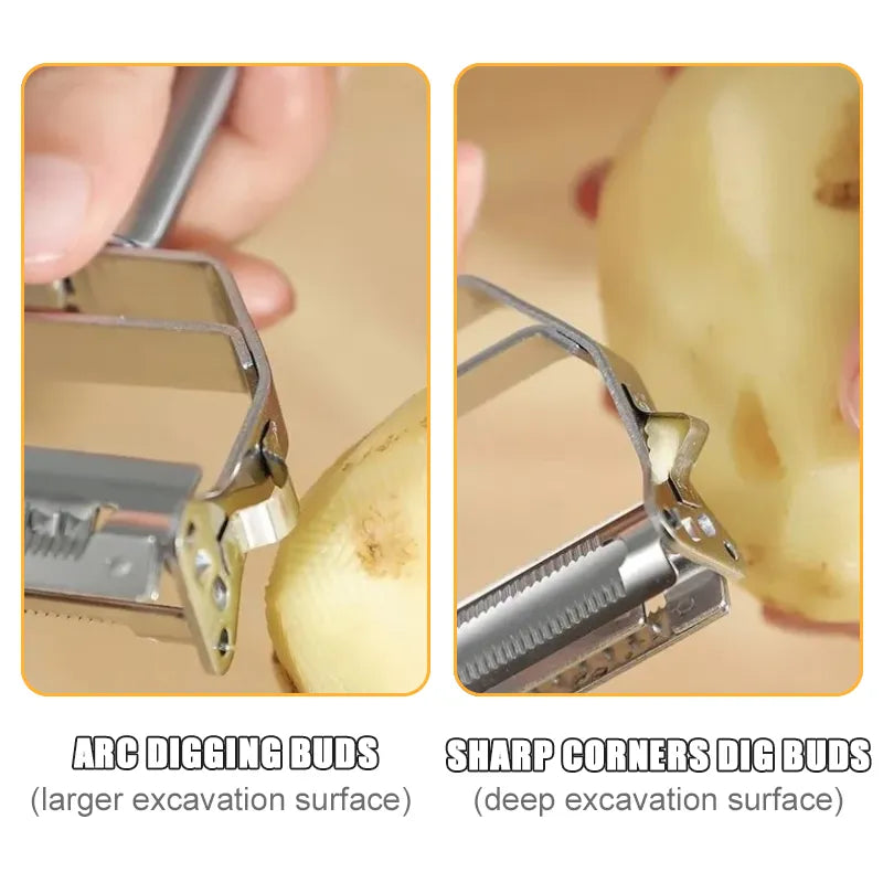 Stainless steel vegetable peeler cutting pale produce with guarded blade frame
