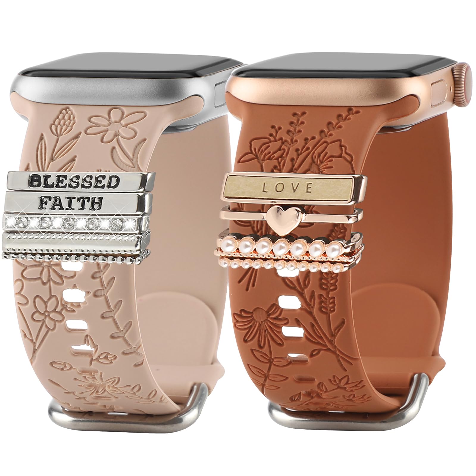 Floral Engraved Band with Charms for Apple Watch 40mm 41mm 38mm 44mm 45mm 46mm 42mm 49mm Women Soft Silicone Sport Strap Metal Jewelry Accessories for iWatch Series 10 9 8 7 6 5 4 3 SE Ultra/2 (Walnut Brown Brown/ with Charms 38/40/41/42mm-Series 10) - Renee Lane Company