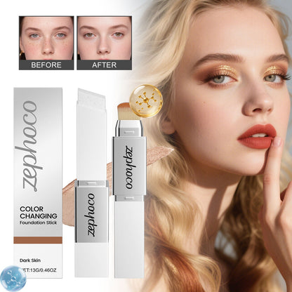 Color-changing foundation stick with brush tip, shown beside another stick on a model