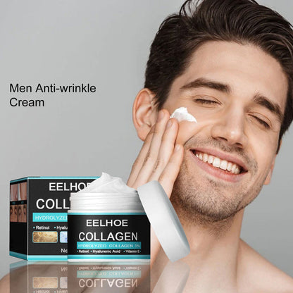 EELHOE collagen face cream with white pump applicator and teal box on cheek