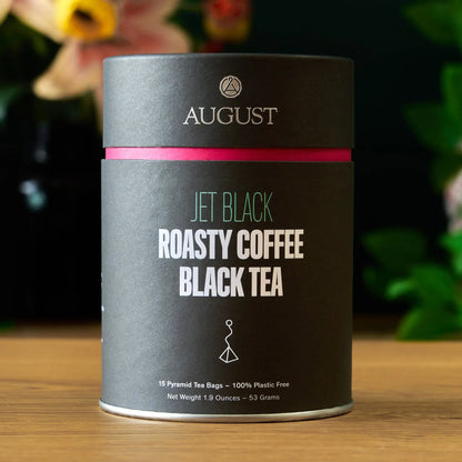 AUGUST Jet Black roasty coffee black tea tin with 15 pyramid tea bags, 53 g