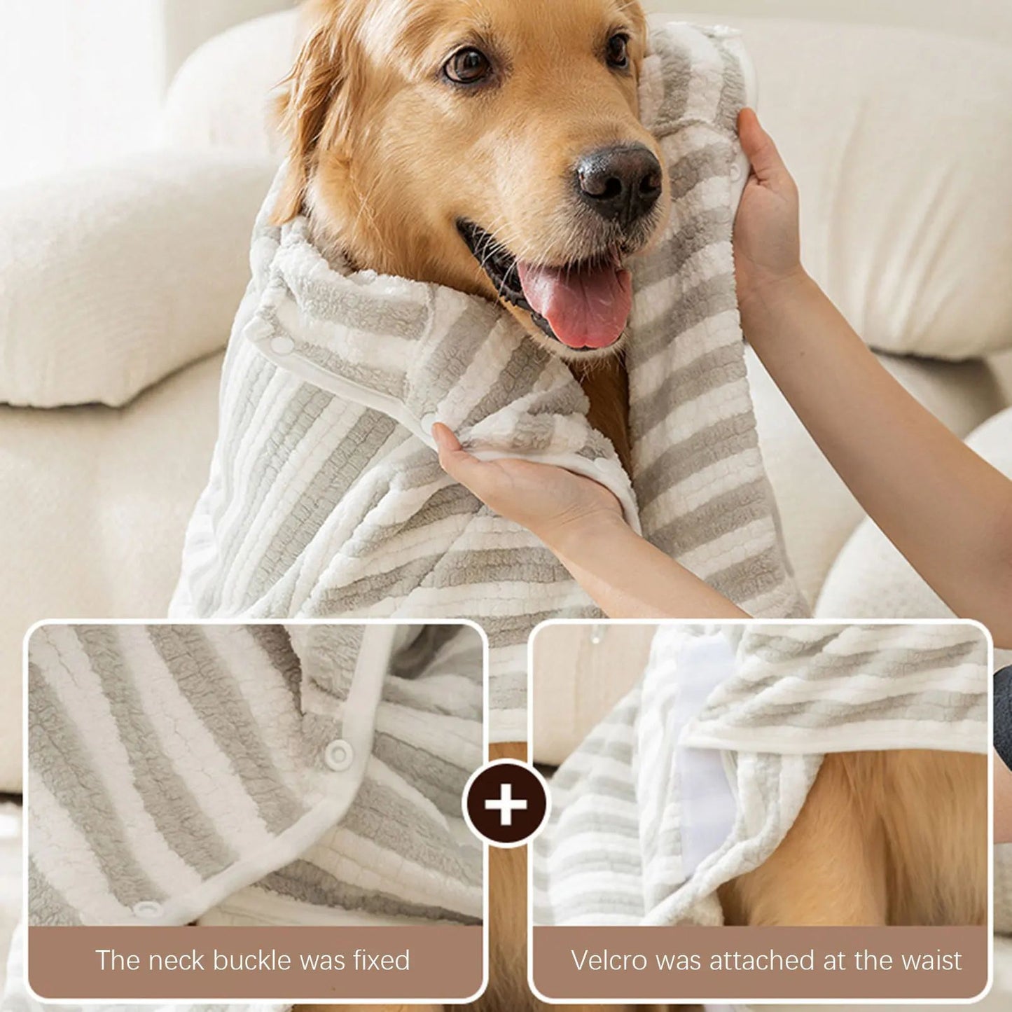 Striped hooded dog bath robe with secure neck and waist closures, terry cloth