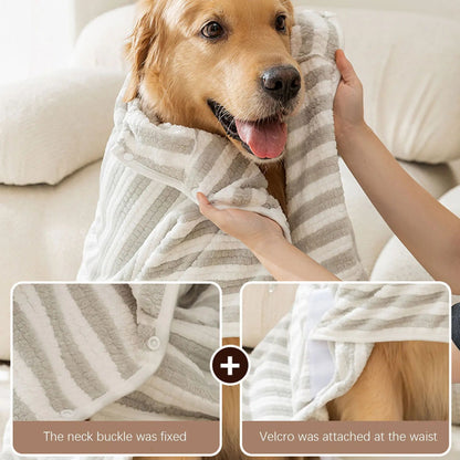 Striped hooded dog bath robe with secure neck and waist closures, terry cloth