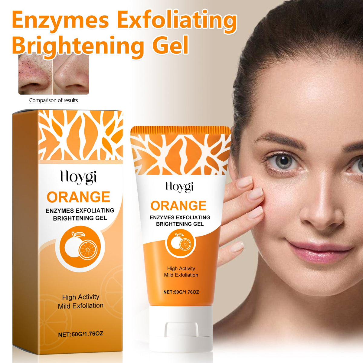 Hoygi orange exfoliating brightening gel tube and product box, 50 g