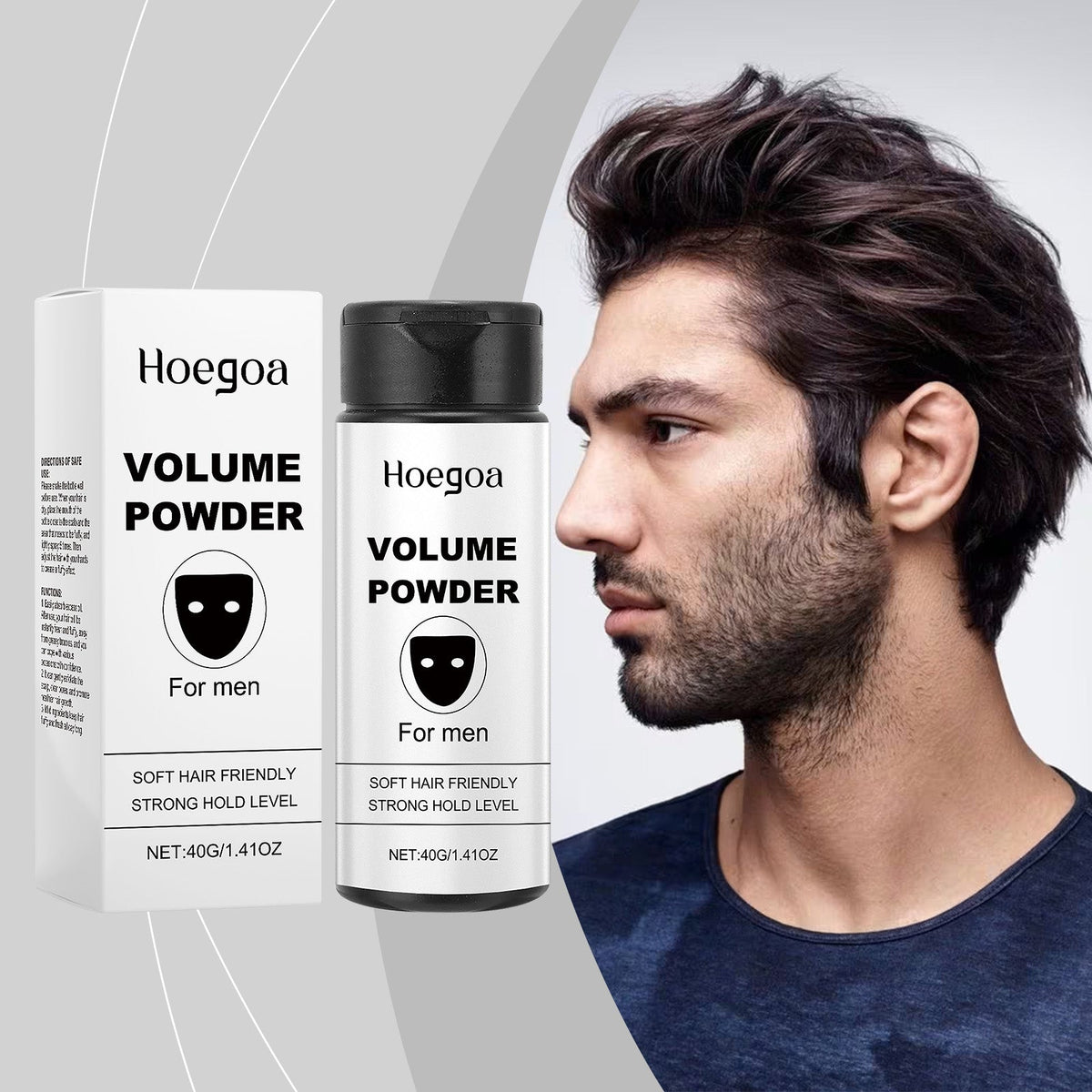 Volumizing styling powder bottle with black cap and white box with Hoegoa logo