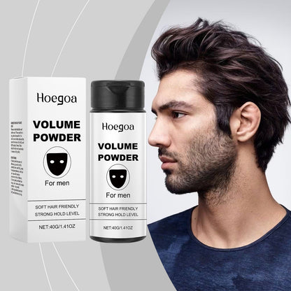 Volumizing styling powder bottle with black cap and white box with Hoegoa logo
