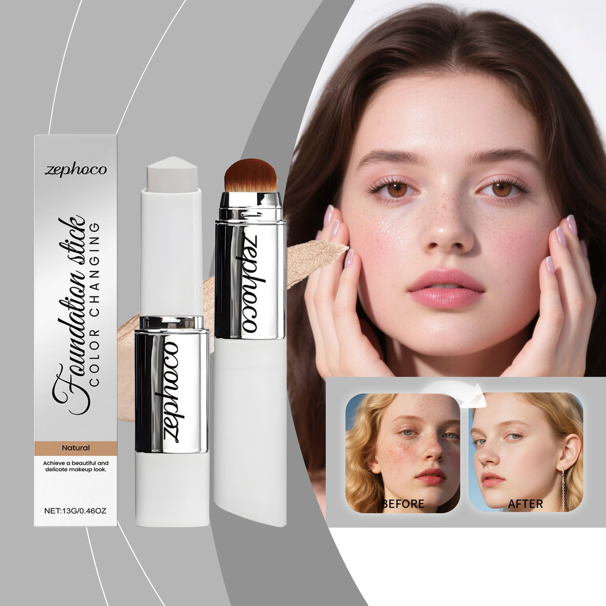 Color-changing concealer foundation stick, Natural shade, with tube and sponge-tip applicator