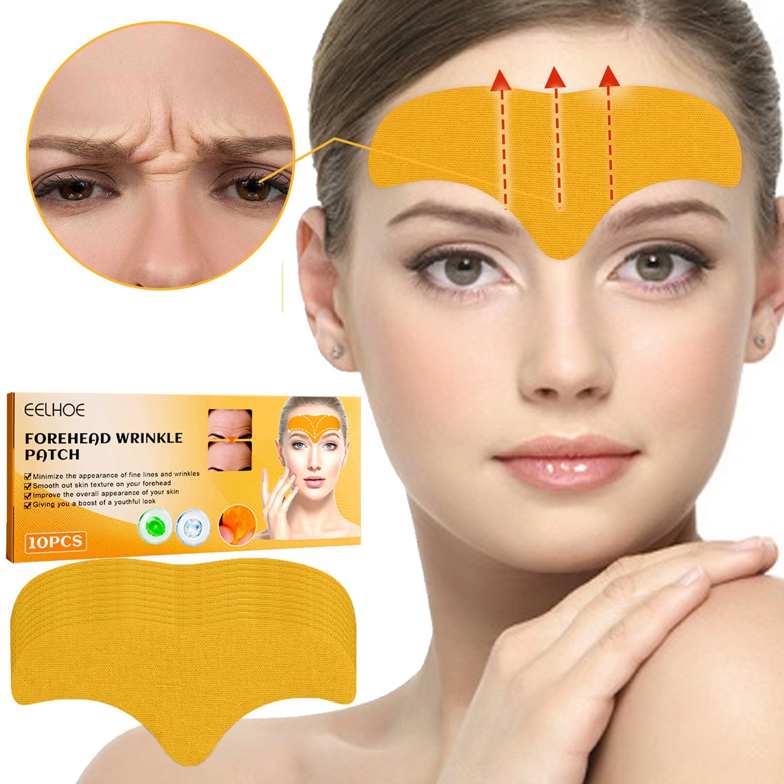 Orange forehead wrinkle patch stickers, yellow-orange adhesive strip on forehead.