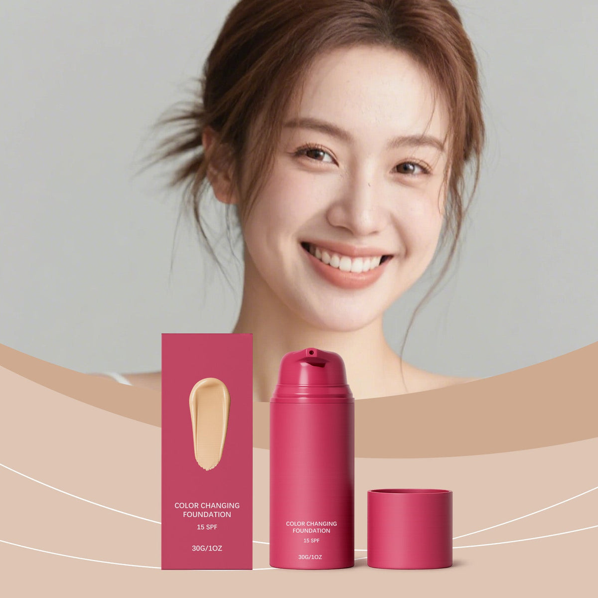 Thermo-responsive foundation natural shade, pink bottle and jar with product box, 30g