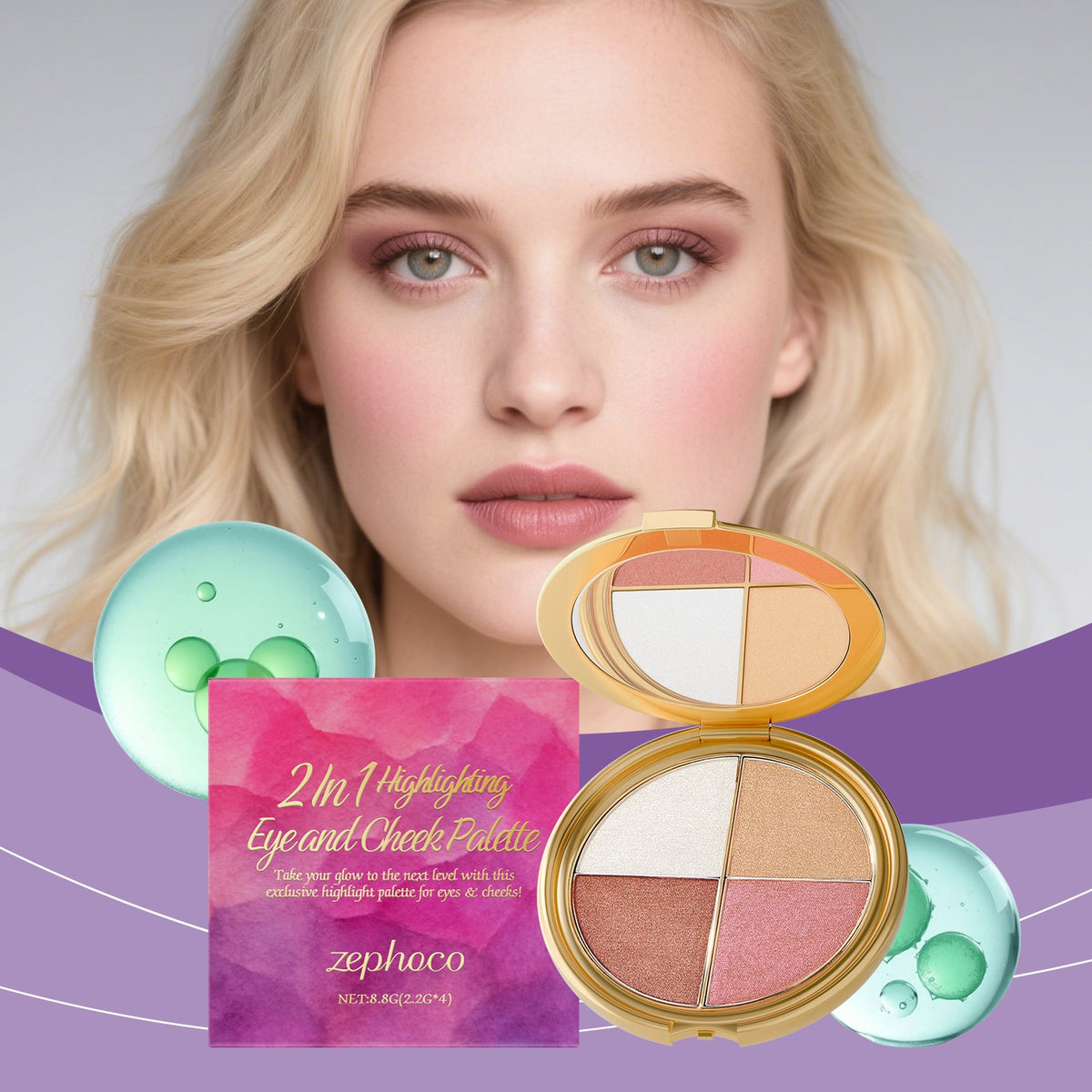 Gold compact makeup palette open, showing four pans in cream, beige, peach, rose-pink