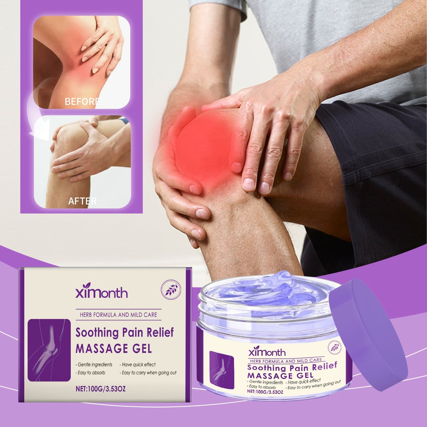 Soothing massage gel, hands rubbing a knee with visible redness