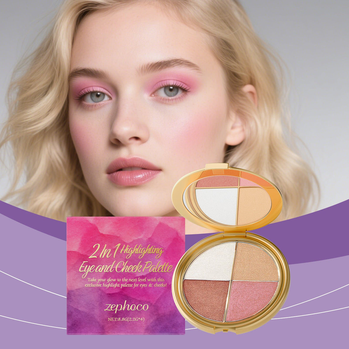 Gold compact eyeshadow and blush palette with four pans: cream, beige, peach, pink