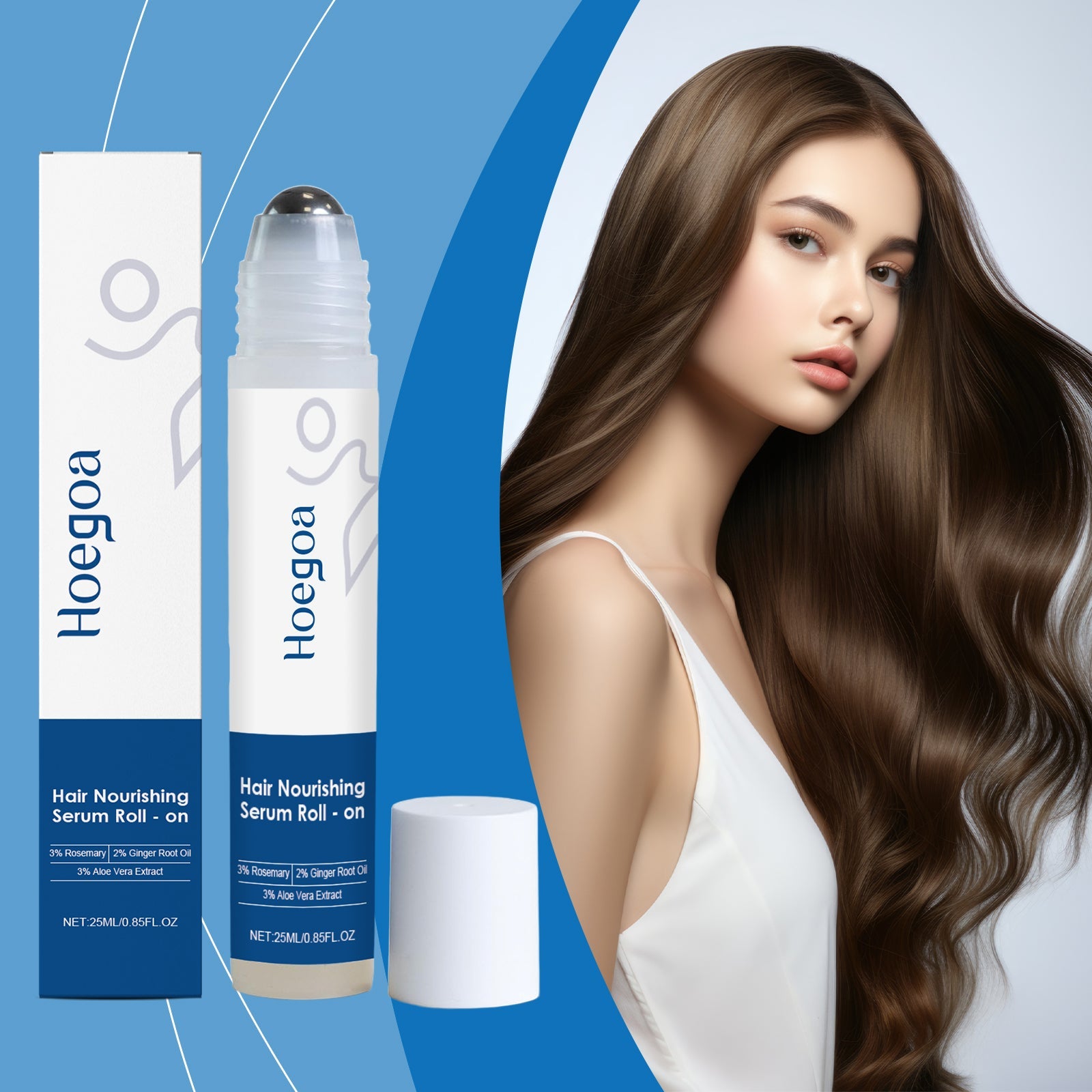 Hair growth roll-on serum bottle with white box beside model with long brown hair
