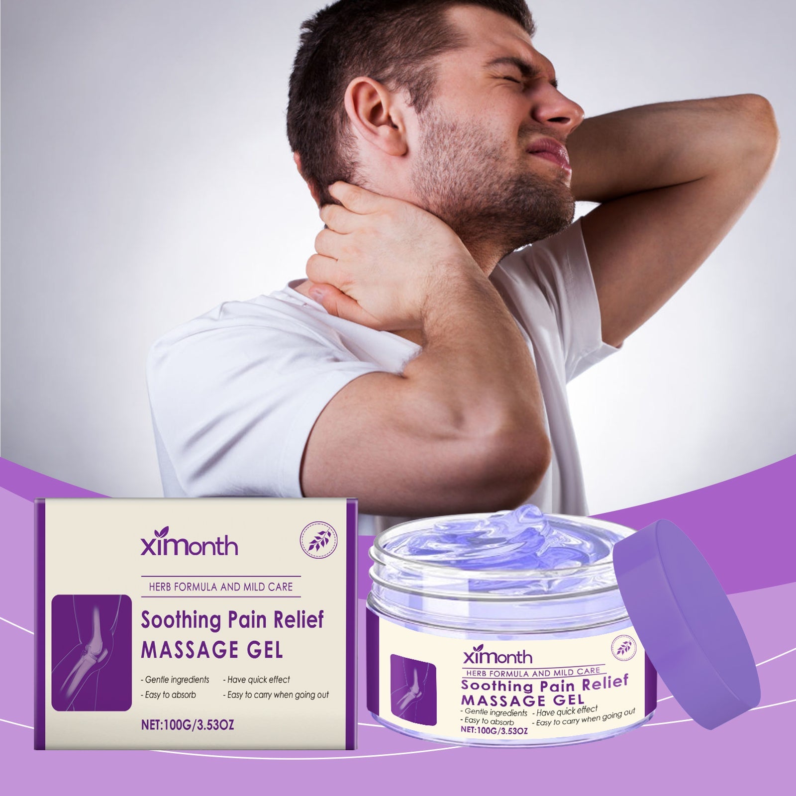 Soothing massage gel, man massaging a sore neck with one hand