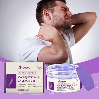 Soothing massage gel, man massaging a sore neck with one hand