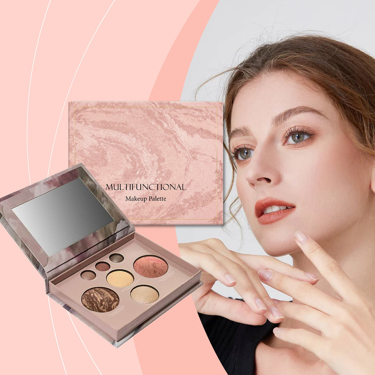 Makeup palette open with mirror and pressed powders, rose-toned outer case