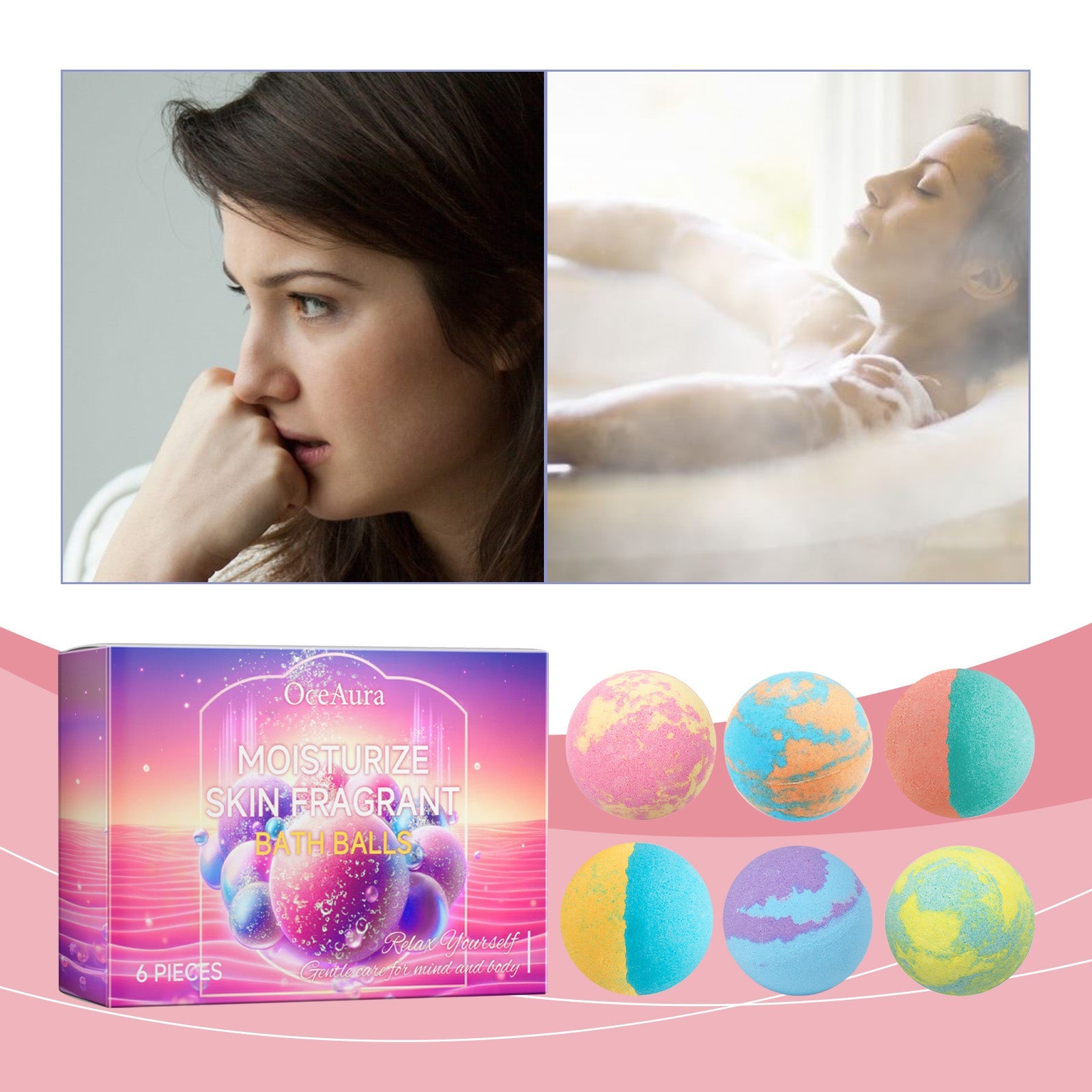 Bubble bath balls set with 6 multi-color spheres and box