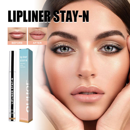 Peel-off lip liner in light brown, applicator stick and box with natural lip closeup