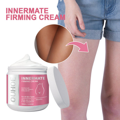 Brightening cream jar with pink label beside model applying cream to thigh