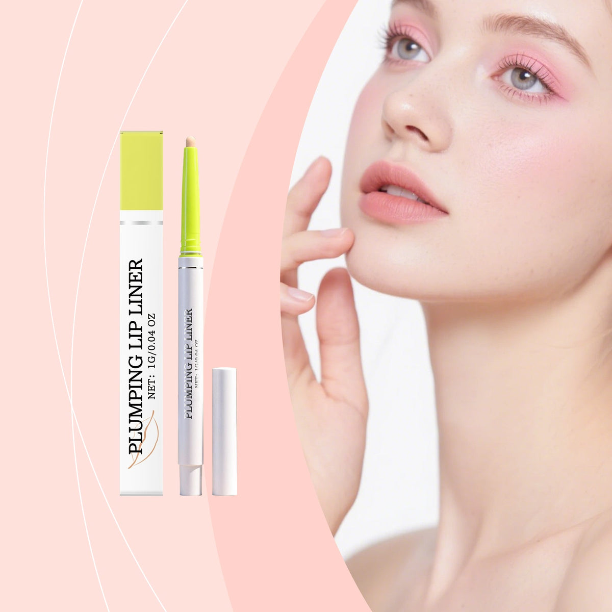 Matte lip liner tube with lime cap and box beside close-up lips