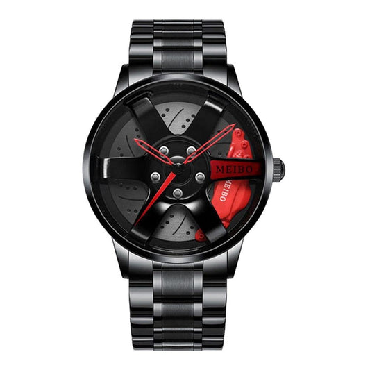Skeleton mechanical sports watch, black steel band, red accents on dial