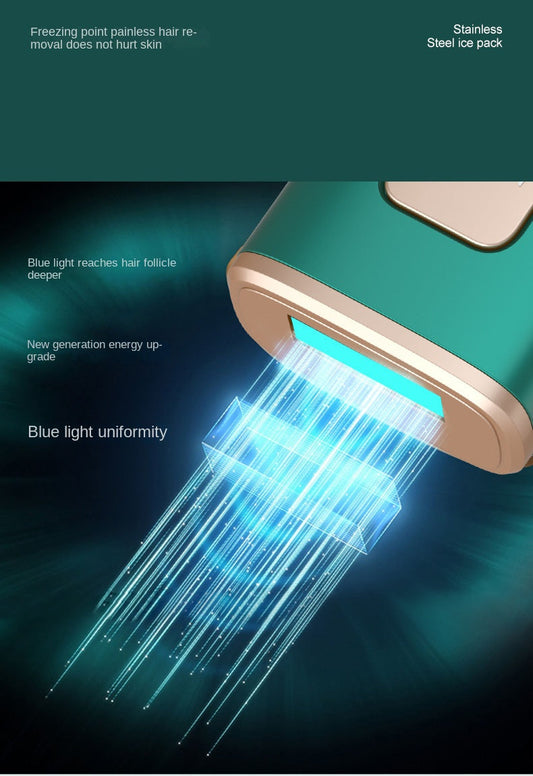 Green laser hair remover cooling head emitting blue light rays from the sapphire window