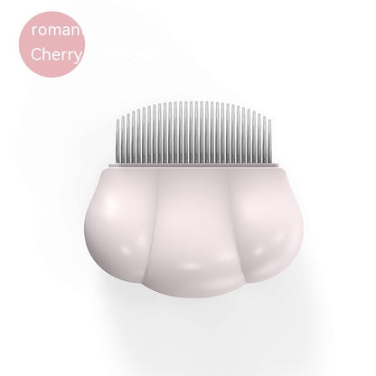Pink pet shell grooming comb with fine metal teeth, rounded shell body