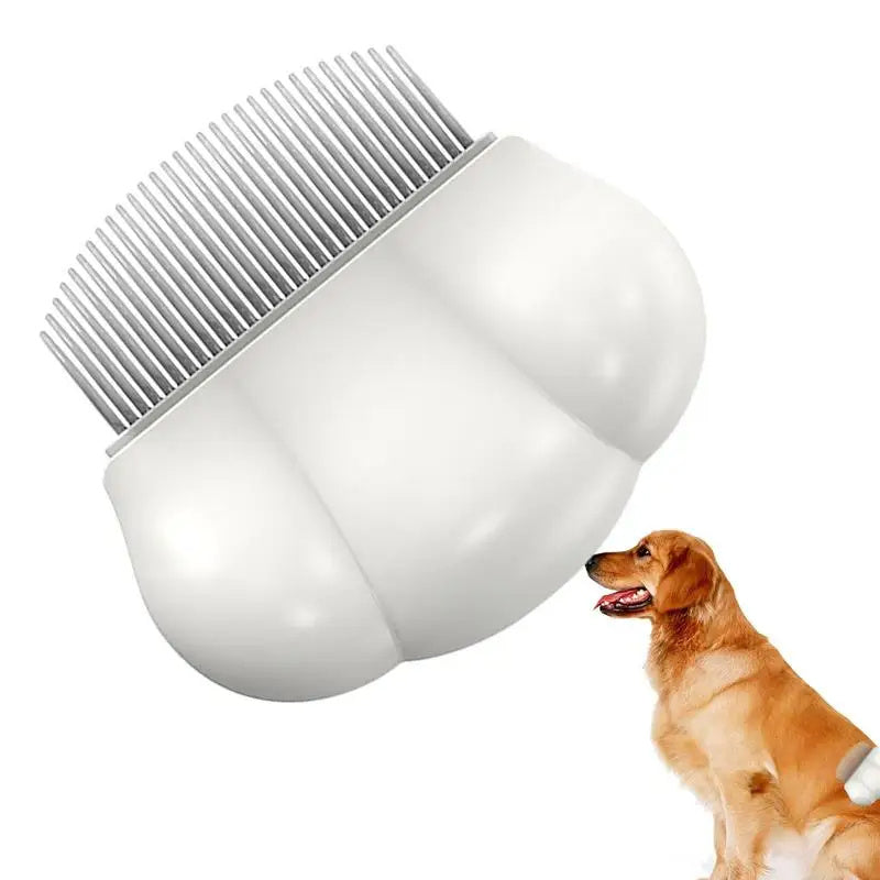 Pet shell grooming comb with fine metal teeth, white curved body on white