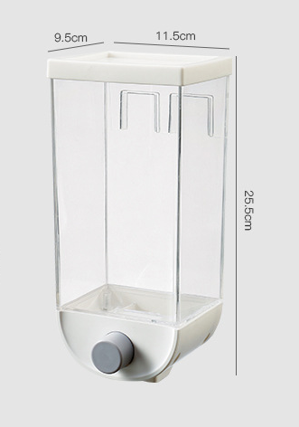 White wall-mounted sealed grain jar shown at angle, with clear bin and front push lever