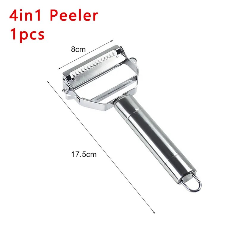 Stainless steel 4-in-1 peeler with wide serrated roller blade and 17.5cm handle