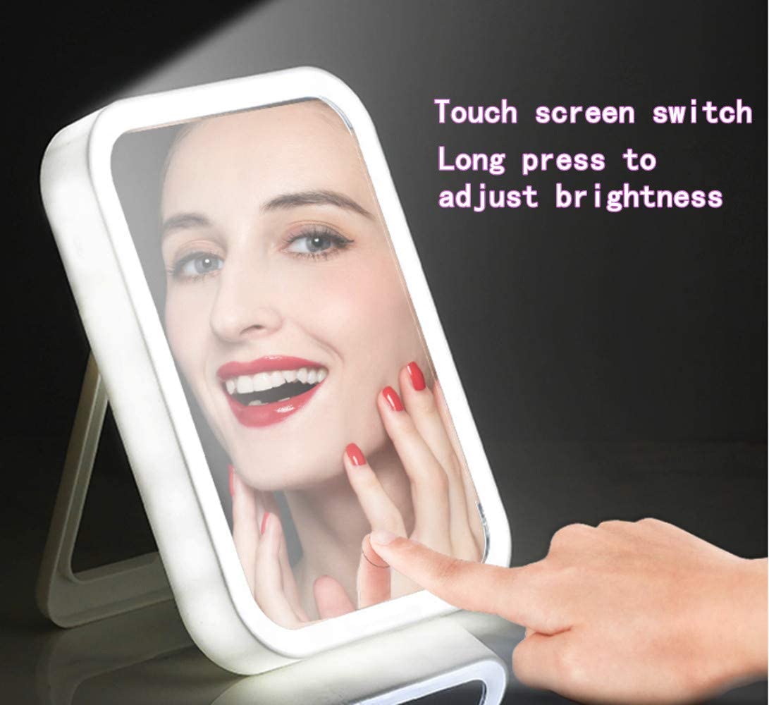 Makeup mirror with illuminated LED border and touch screen brightness control
