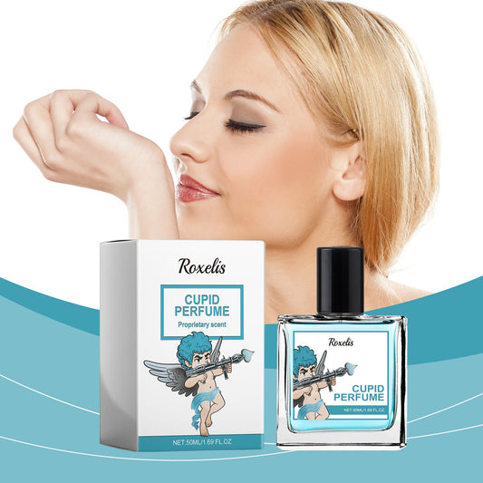 Cupid perfume spray: clear glass bottle with black cap and matching product box