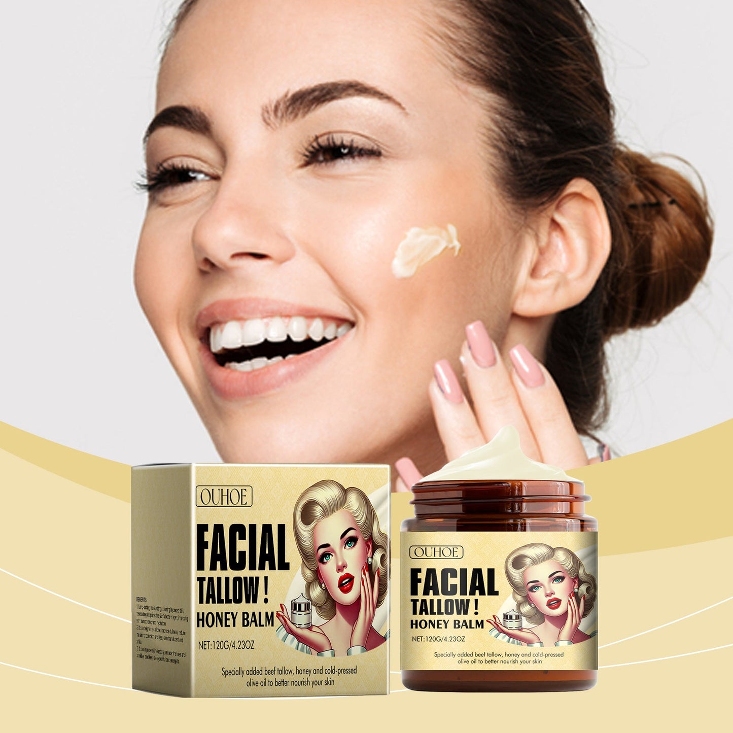 Facial tallow honey moisturizing cream jar and balm box, gold-and-amber packaging.