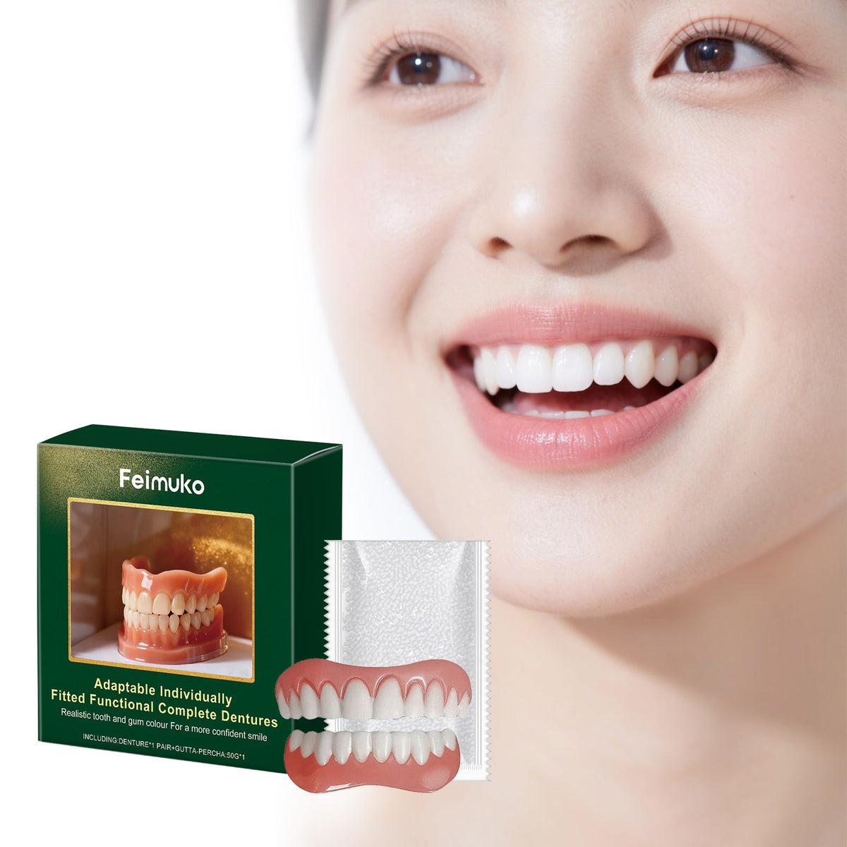 Denture kit with green box and molded pink-and-white teeth tray