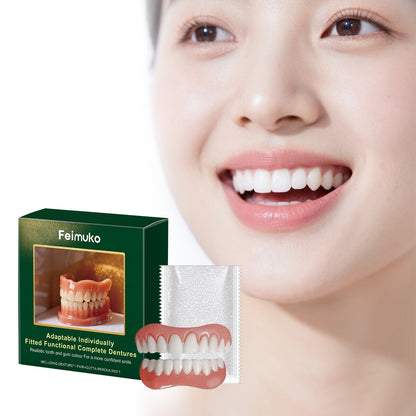 Denture kit with green box and molded pink-and-white teeth tray