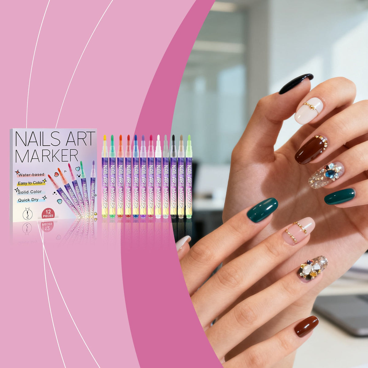 Nail art marker set with multi-color pens and mixed-pattern manicure on fingers