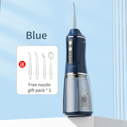 Blue portable electric dental flosser with free nozzle gift pack shown