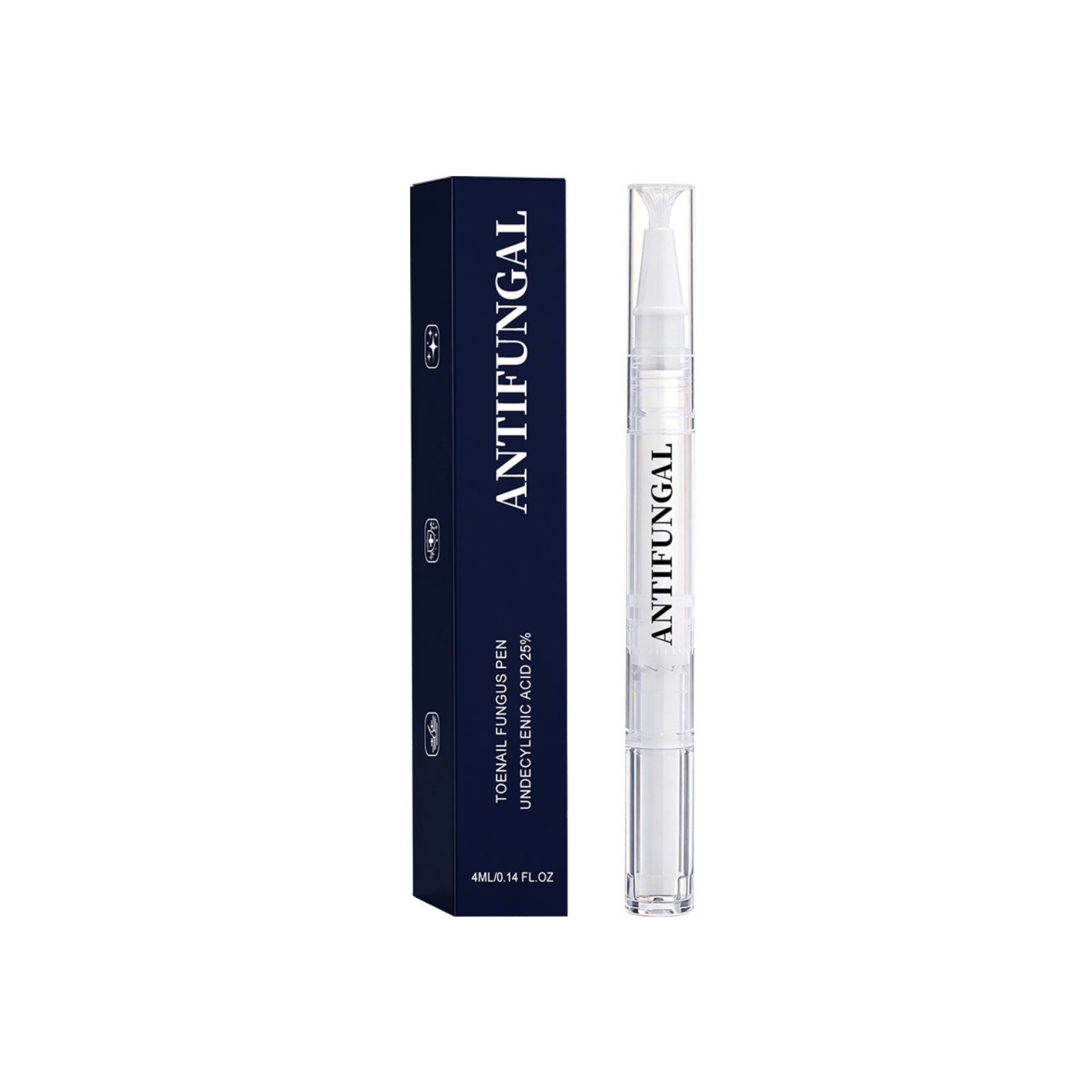 Nail care pen with clear applicator tube and navy product box