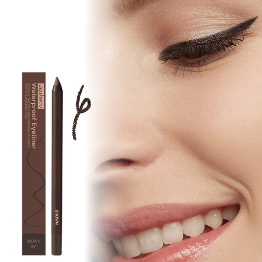 Brown waterproof eyeliner pencil with smudged winged line on the eye.